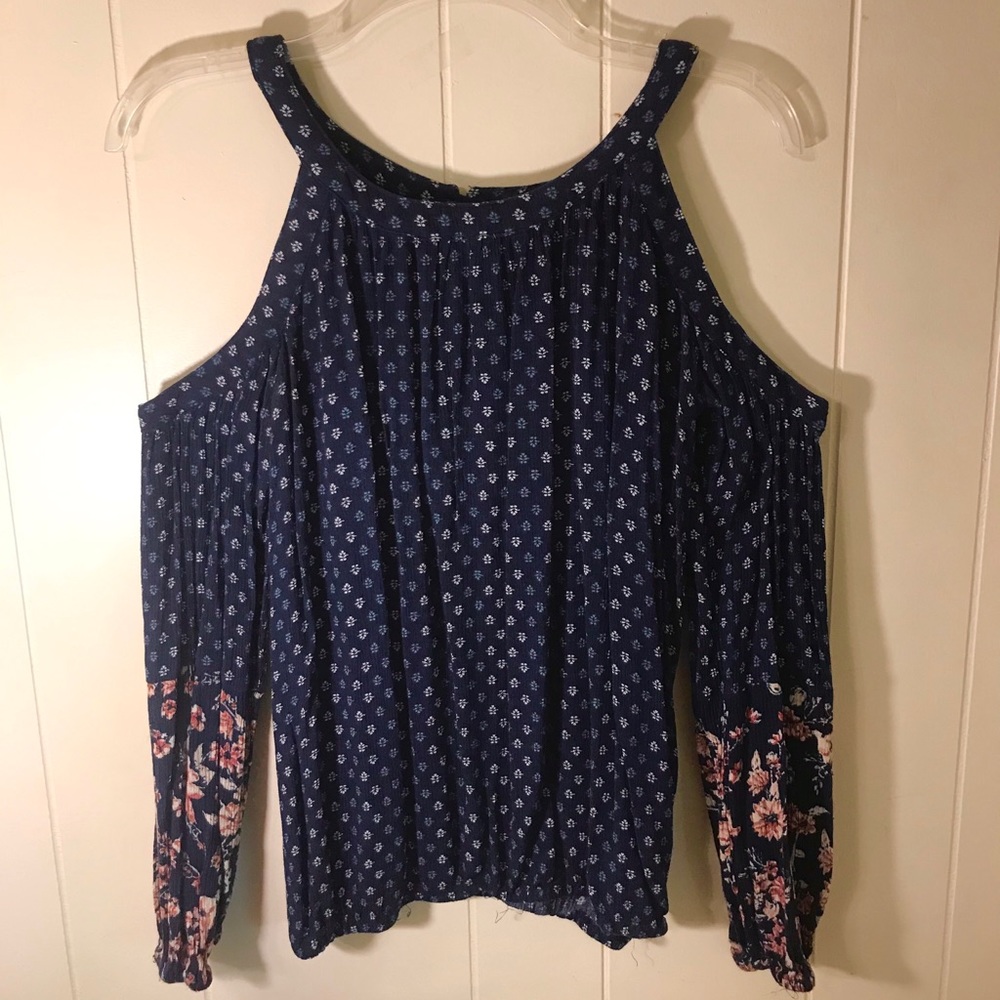Women’s blouse, cold shoulder, blue, floral